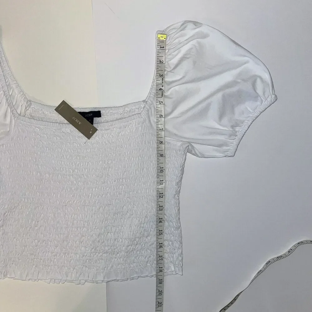 NWT J.CREW Smocked Broken-in Jersey Cropped Top Puff Sleeve Cotton Shirt White M